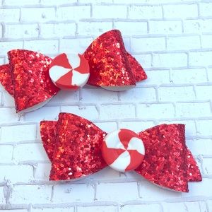 Red glitter peppermint Christmas hair bows clips